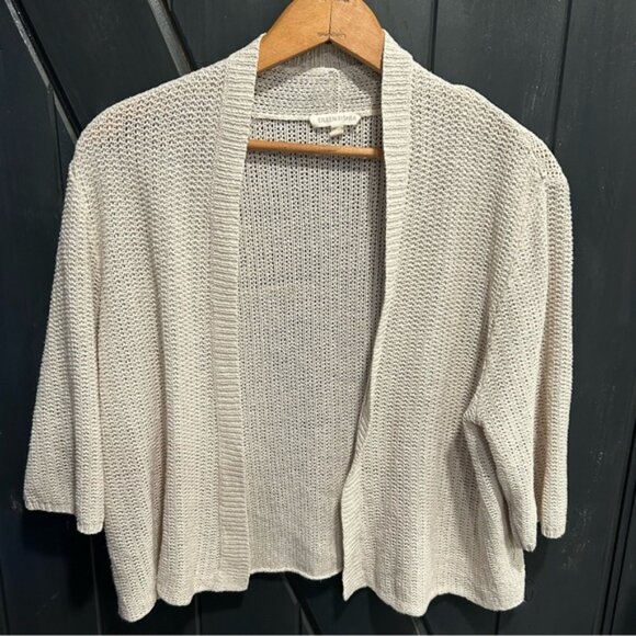 EILEEN FISHER Women’s Ivory Silk/Linen Woven Open Front Cardigan, Size Large - Picture 1 of 4
